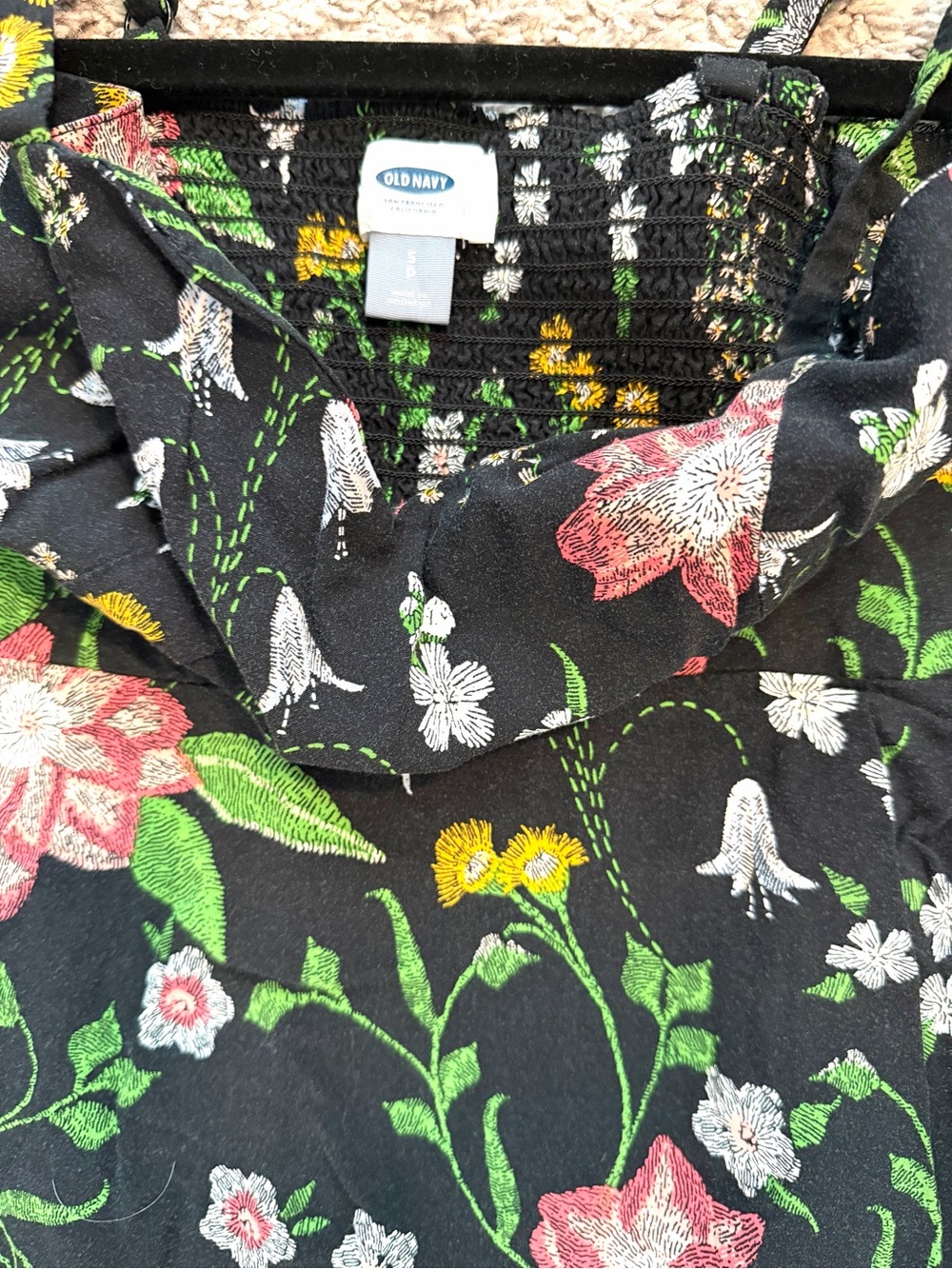 Old Navy Black Floral Sundress with Pink, Green & Yellow Embroidery - Picture 7 of 12